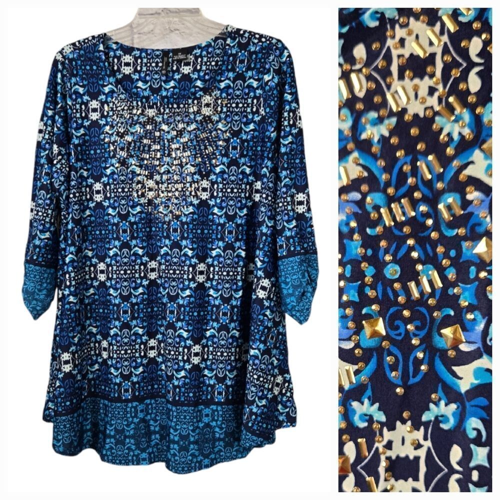 Women's Plus Blue Embellished Slinky Knit Colorful Blouse Ruched Sleeves Tunic